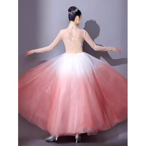Pink modern ballet dance dress for adult Opening dance  big swing skirt costume  gradient gauze skirts Modern dance stage long tutu skirt woman